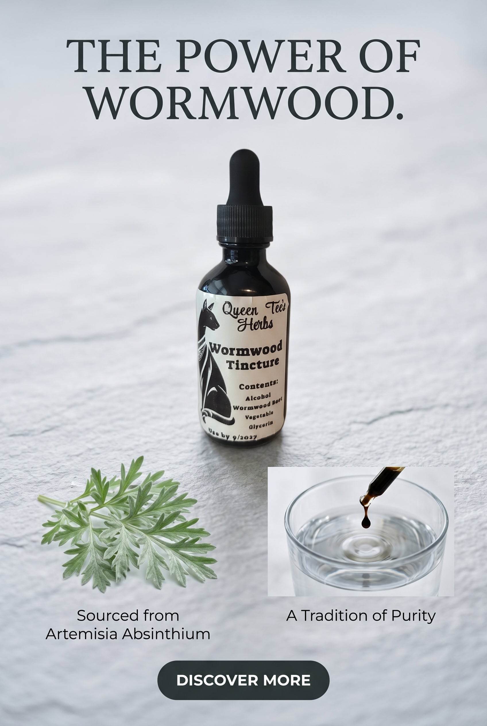 Queen Tee's Herbal Parasite Cleanser Tincture bottle with label, featuring wormwood and herbal ingredients for parasite detox.