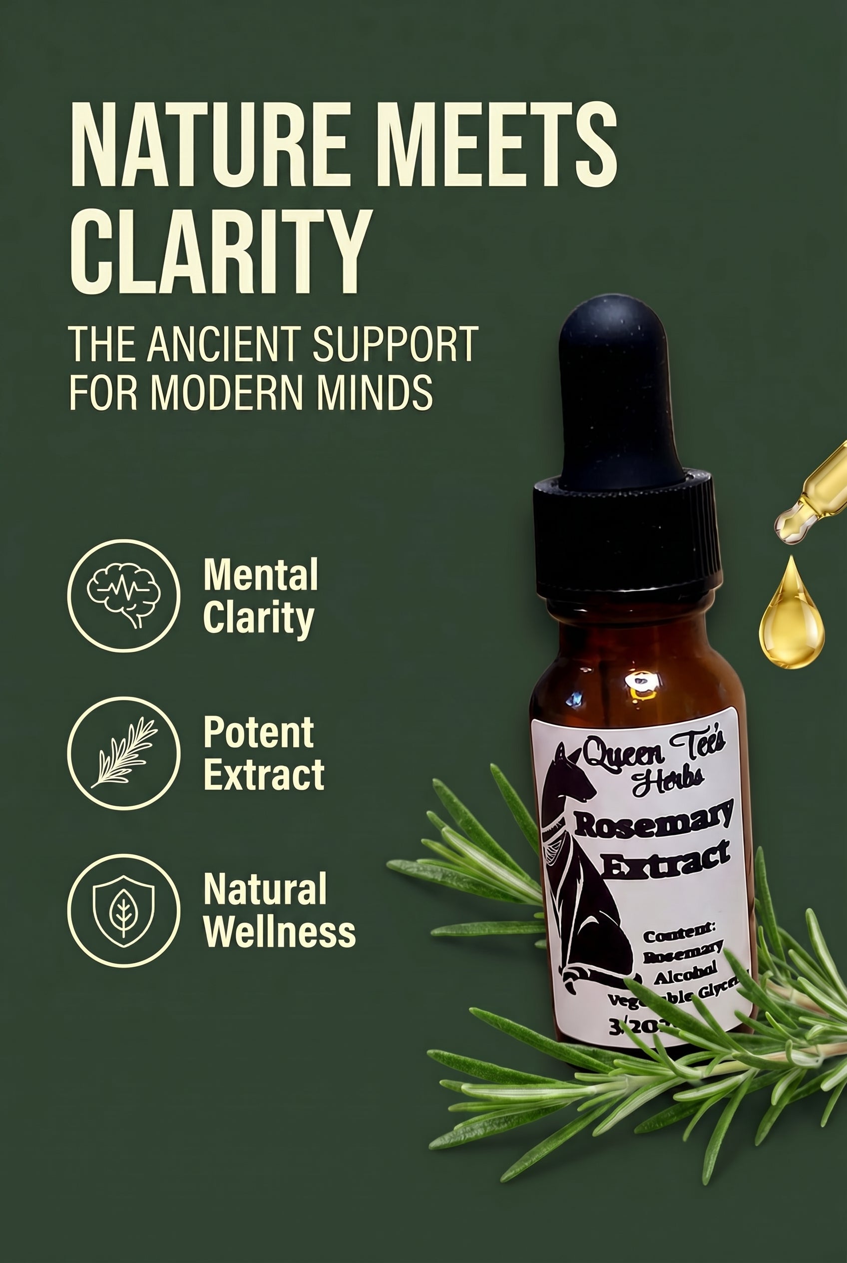 Queen Tee's Premium Rosemary Extract Tincture bottle with dropper, featuring herbal tincture label and amber glass packaging.