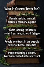 Bottle of Queen Tee's Premium Rosemary Extract Tincture with dropper cap, herbal tincture for wellness and natural remedy.