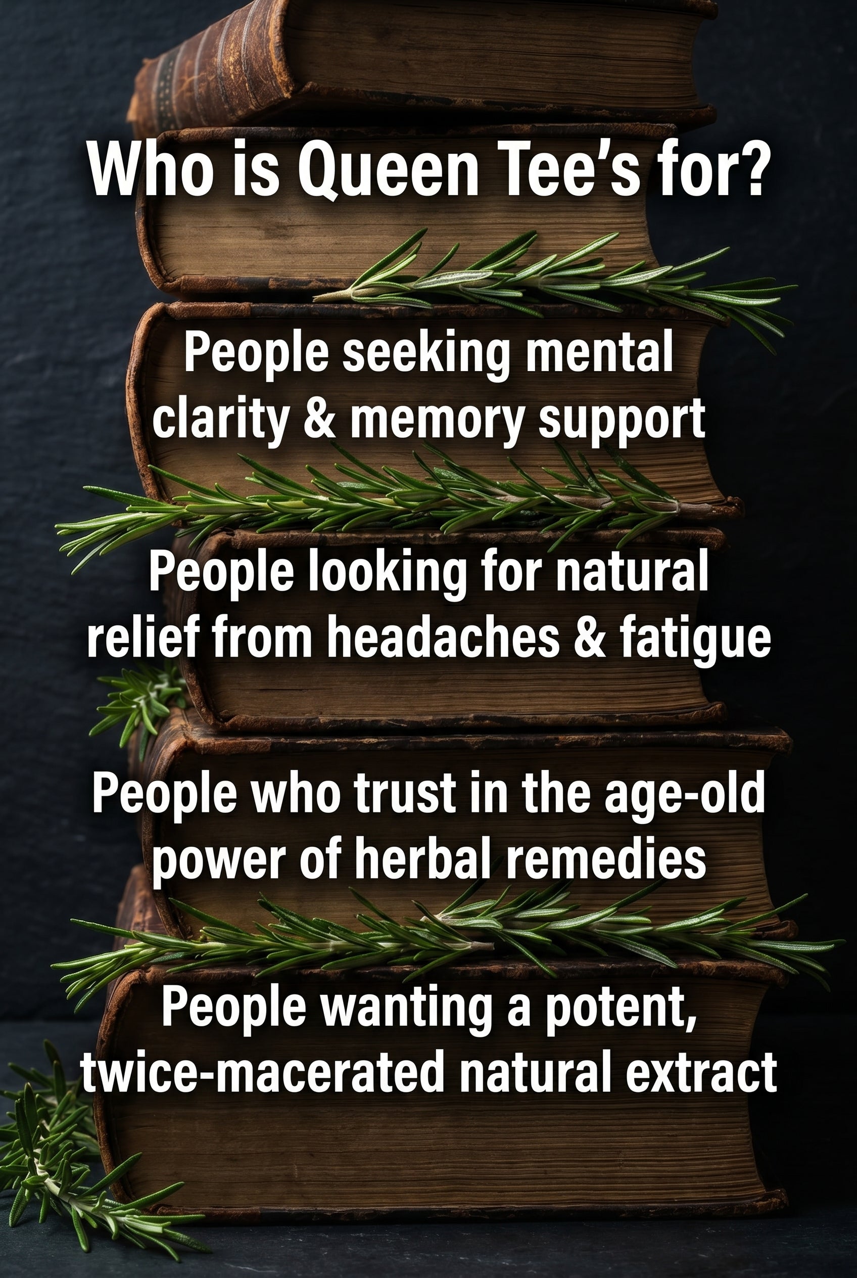Bottle of Queen Tee's Premium Rosemary Extract Tincture with dropper cap, herbal tincture for wellness and natural remedy.