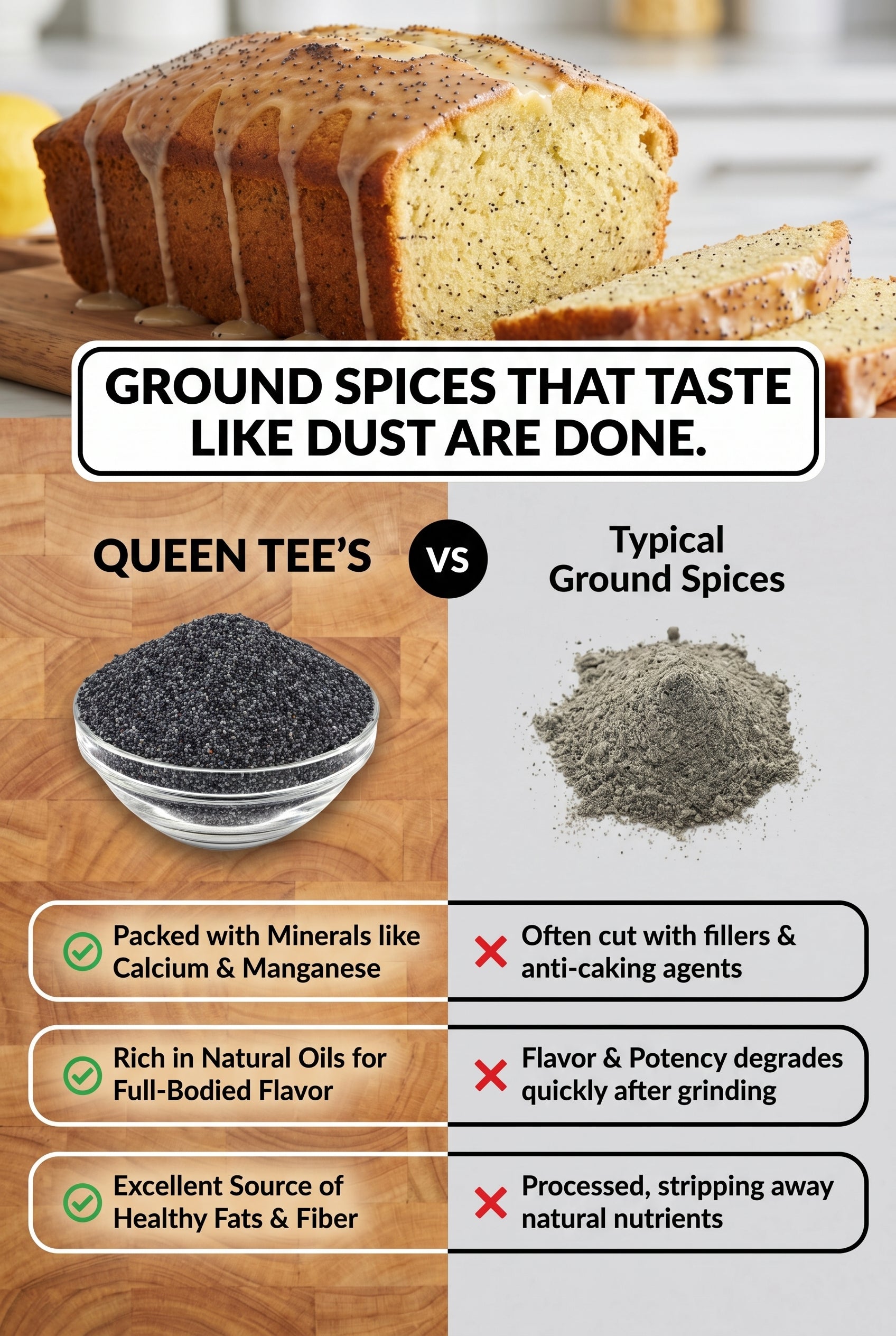Loose Queen Tee's Premium Poppy Seed Whole (Papaver Somniferum) tea in a clear glass jar with a metal lid.