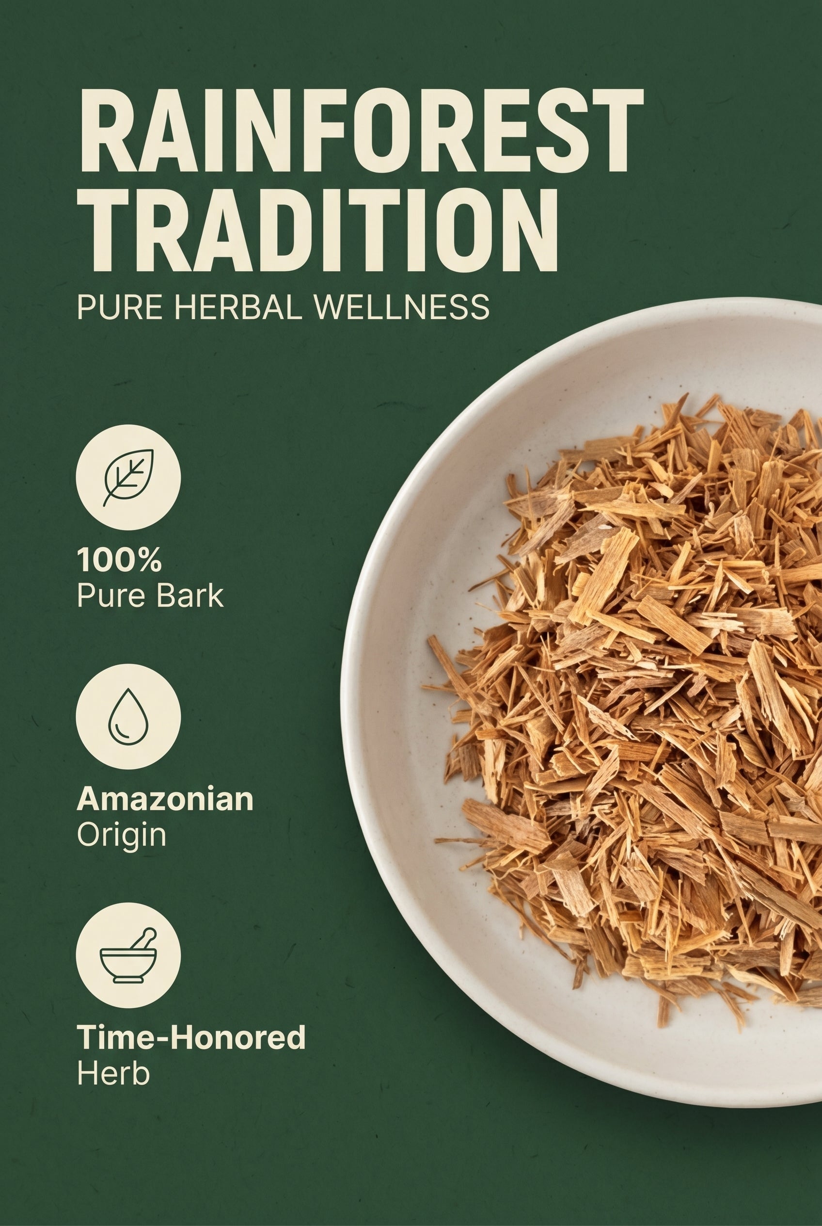 Loose cat's claw herbal tea by Queen Tee's Herbal Teas and Tinctures in a 1oz package, showcasing dried bark in a clear container.
