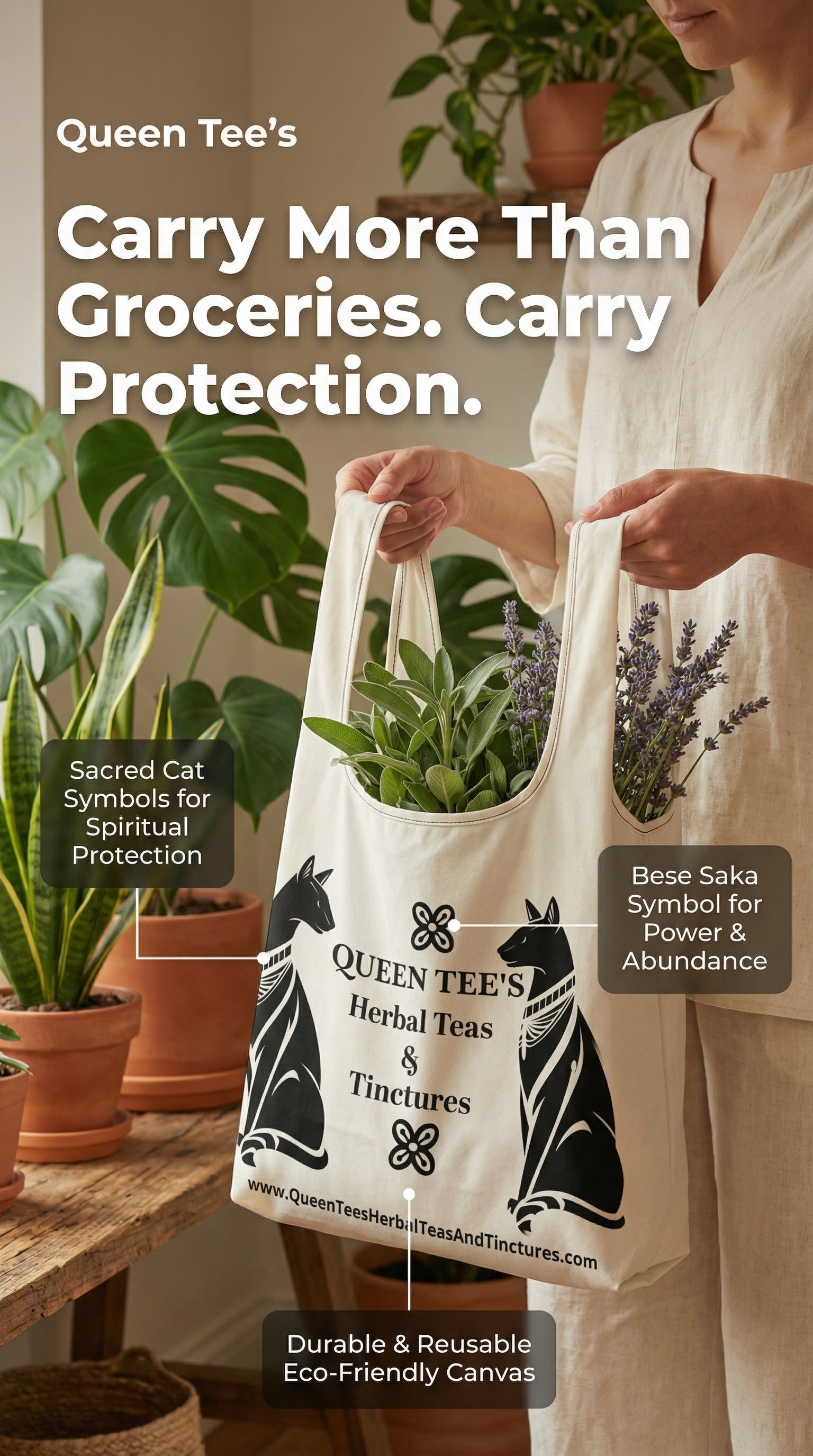 Queen Tee's herbal teas and tinctures shopping bag accessory with floral design and brand logo for herbal product enthusiasts.