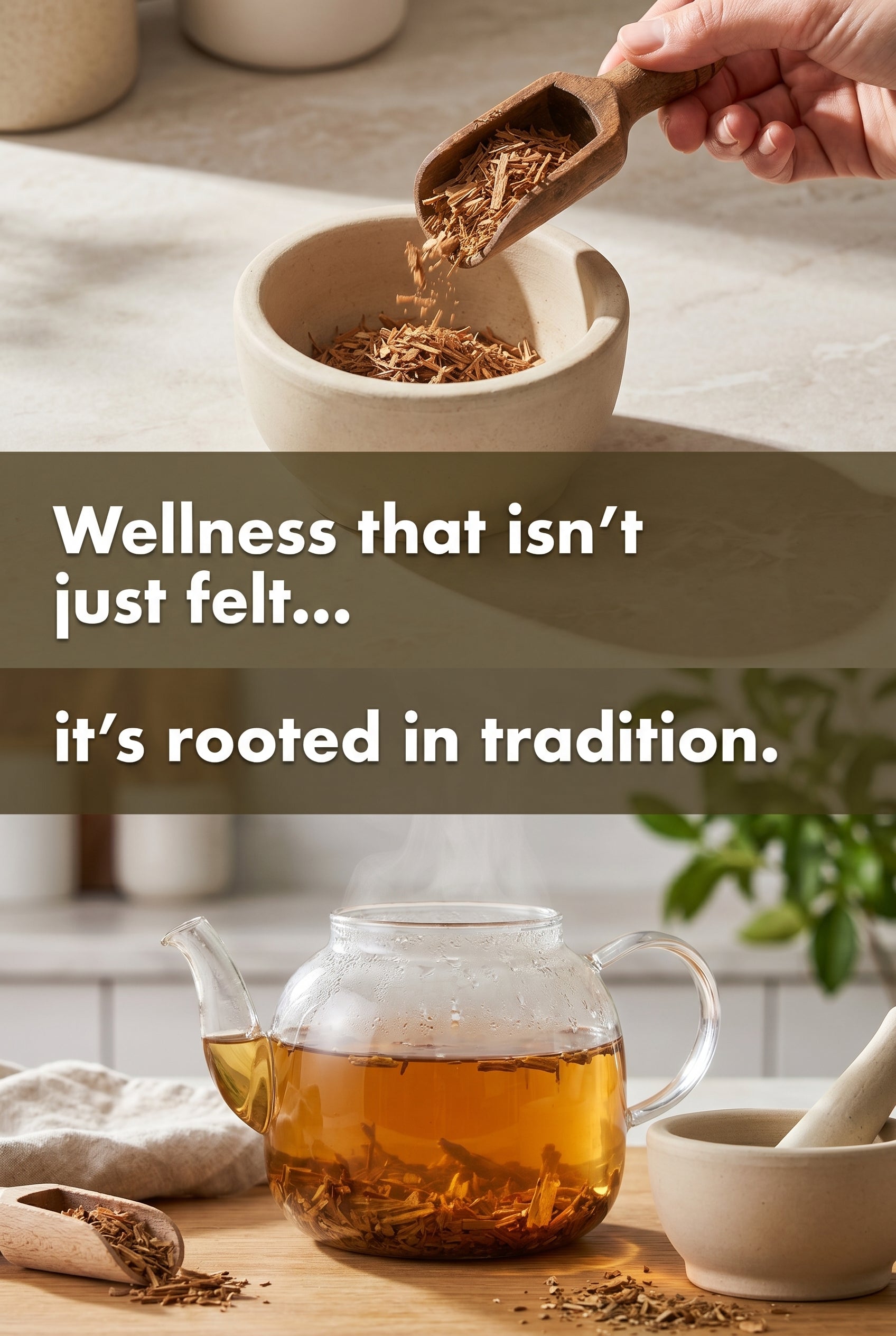 Loose herbal tea from Queen Tee's featuring cat's claw bark in a 1oz package, shown in a clear, sealed bag.