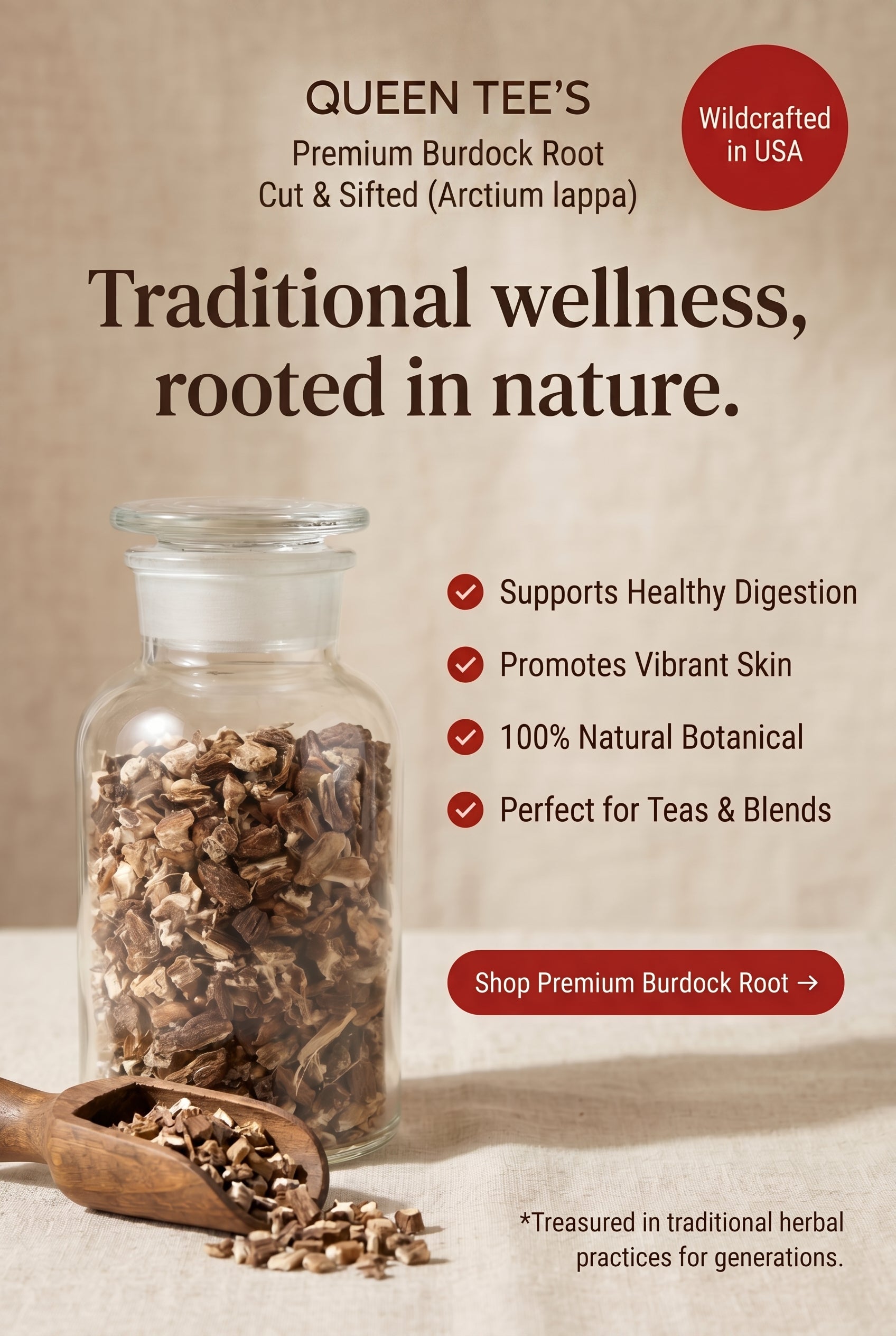 Queen Tee's Premium Burdock Root Cut &amp; Sifted (Arctium lappa)