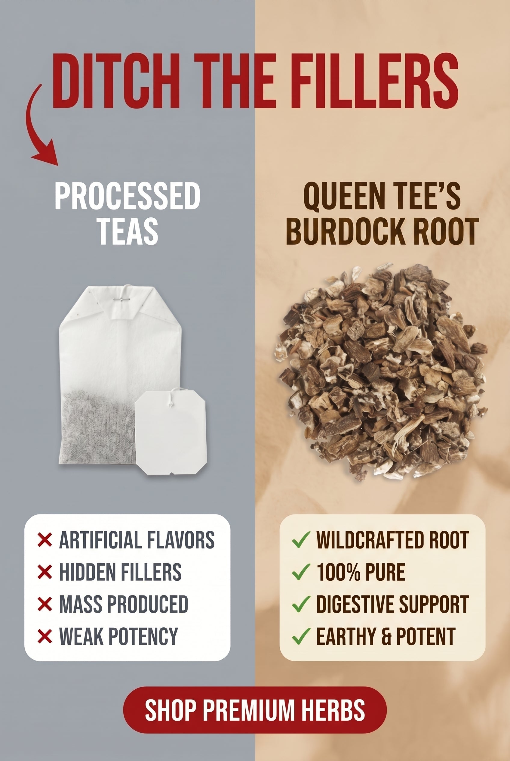 Queen Tee's Premium Burdock Root Cut &amp; Sifted (Arctium lappa)