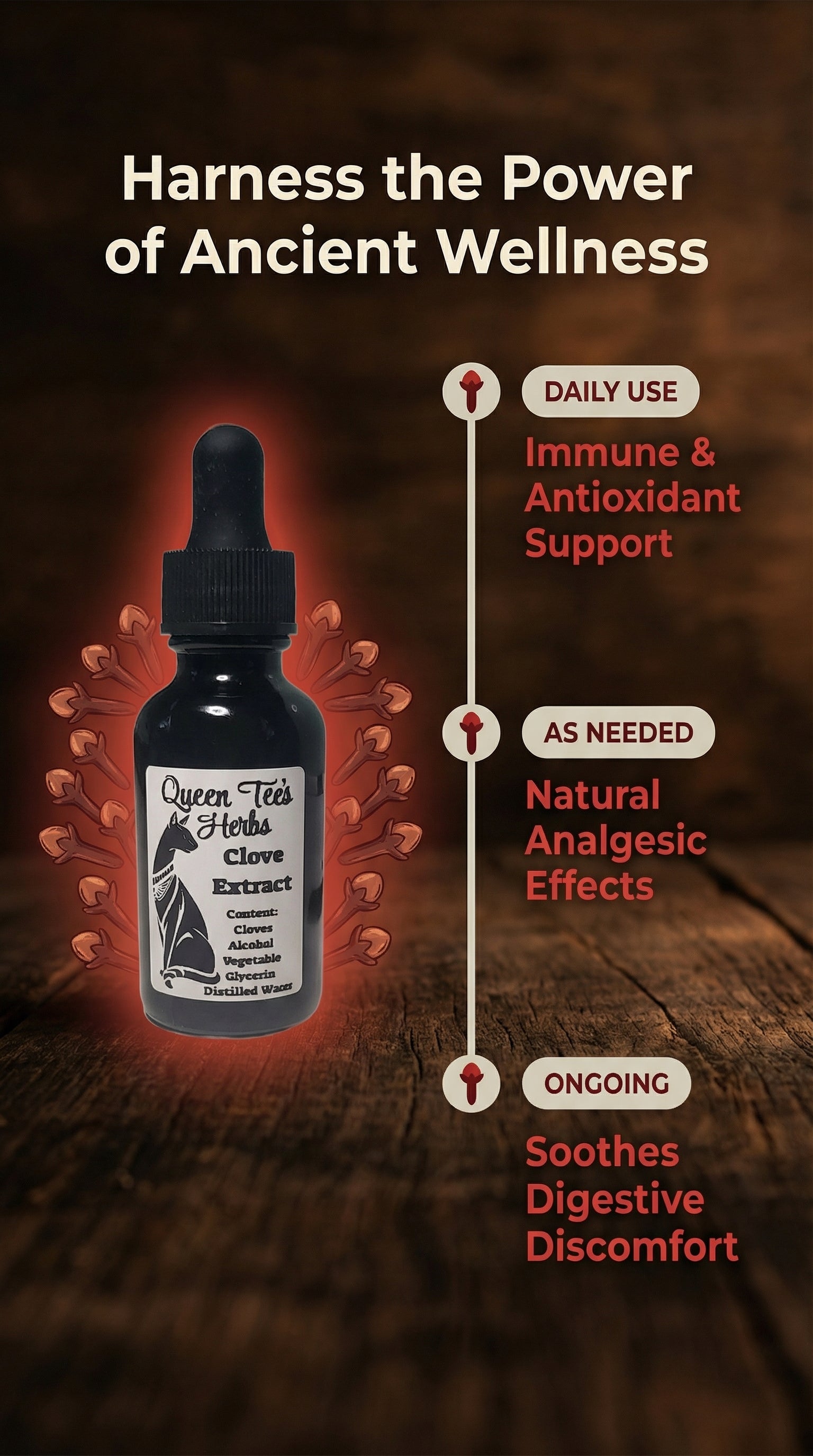 Queen Tee's Premium Clove Tincture bottle with label, showcasing herbal tincture product for natural health and wellness.