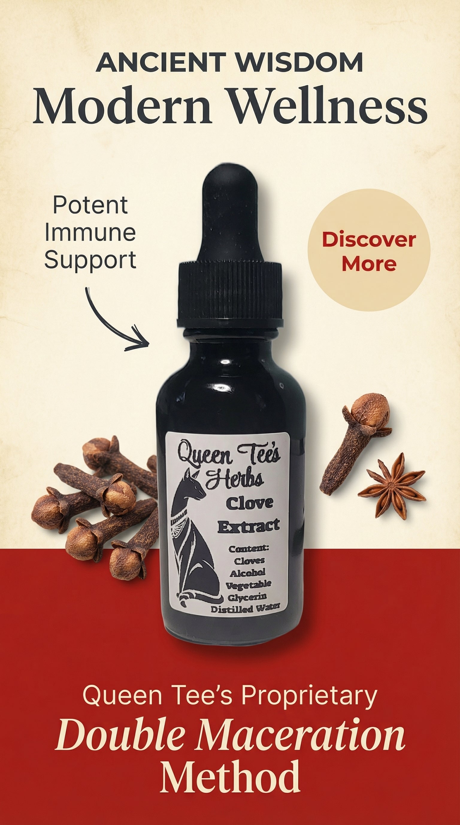 Queen Tee’s Premium Clove Tincture bottle with label, herbal tincture for health, from Queen Tee's Herbal Teas and Tinctures.