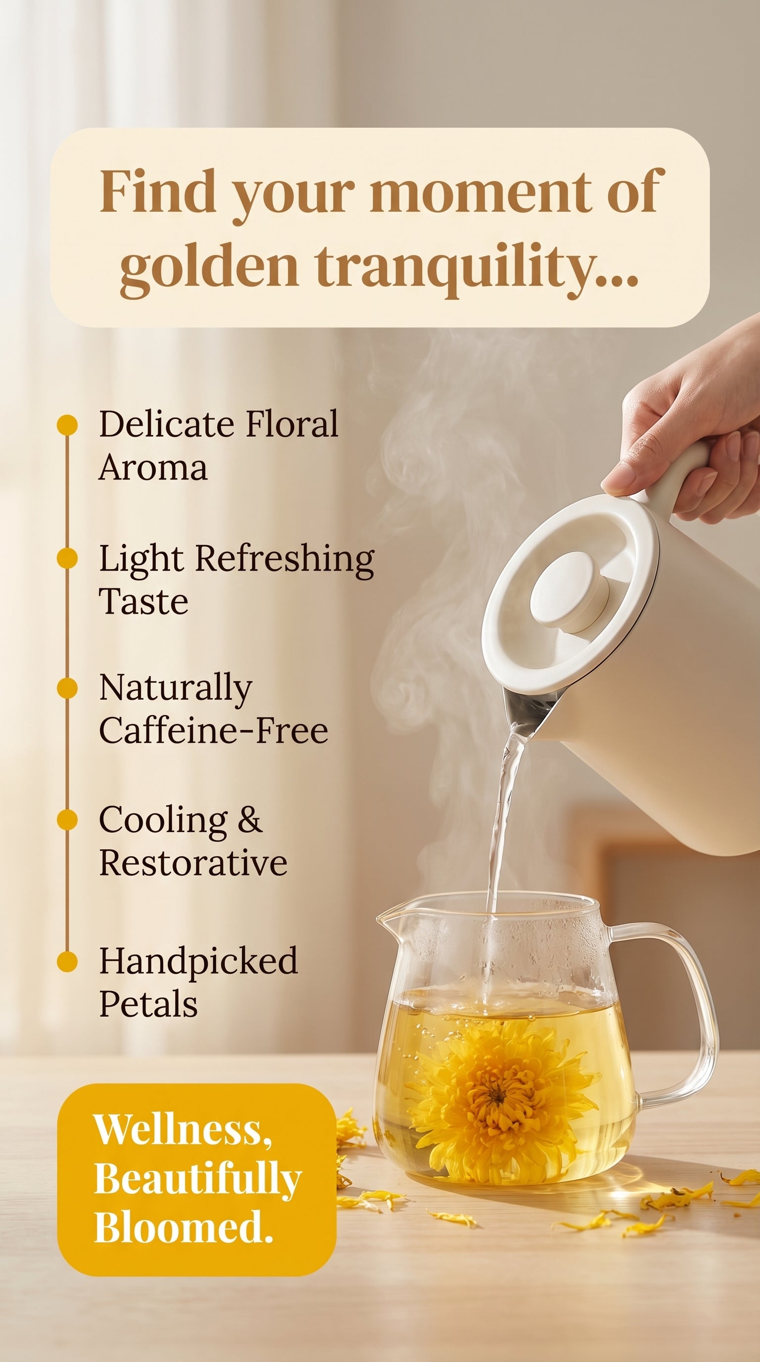Loose golden chrysanthemum blooming tea from Queen Tee's Herbal Teas, showcasing a beautifully blooming chrysanthemum flower in a glass teapot.