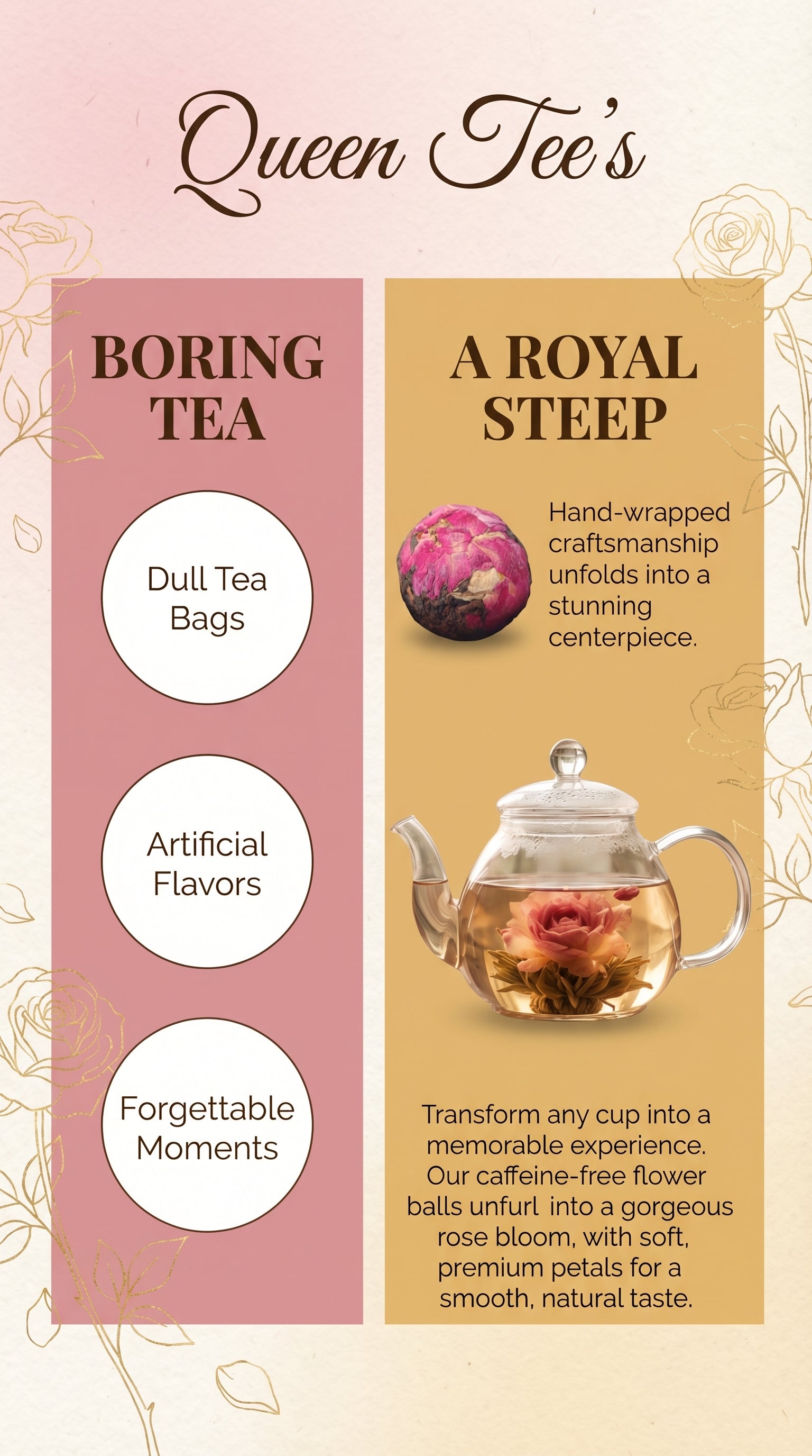 Queen Tee's organic dried rose blooming tea ball, loose herbal tea with natural floral blooms in a clear display.