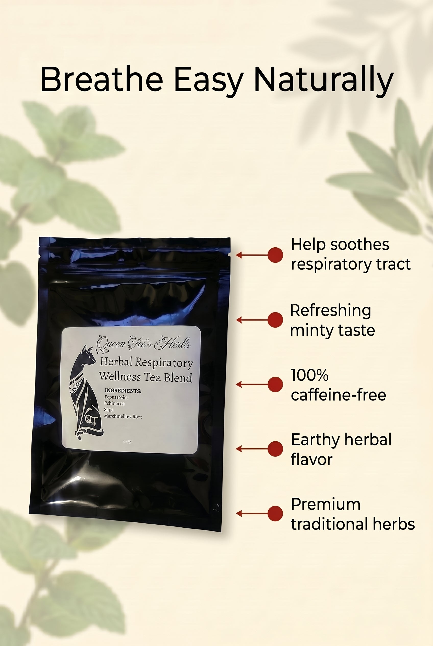 Loose herbal tea blend in a jar labeled Queen Tee's Premium Respiratory Wellness Tea, featuring dried herbs and botanicals.