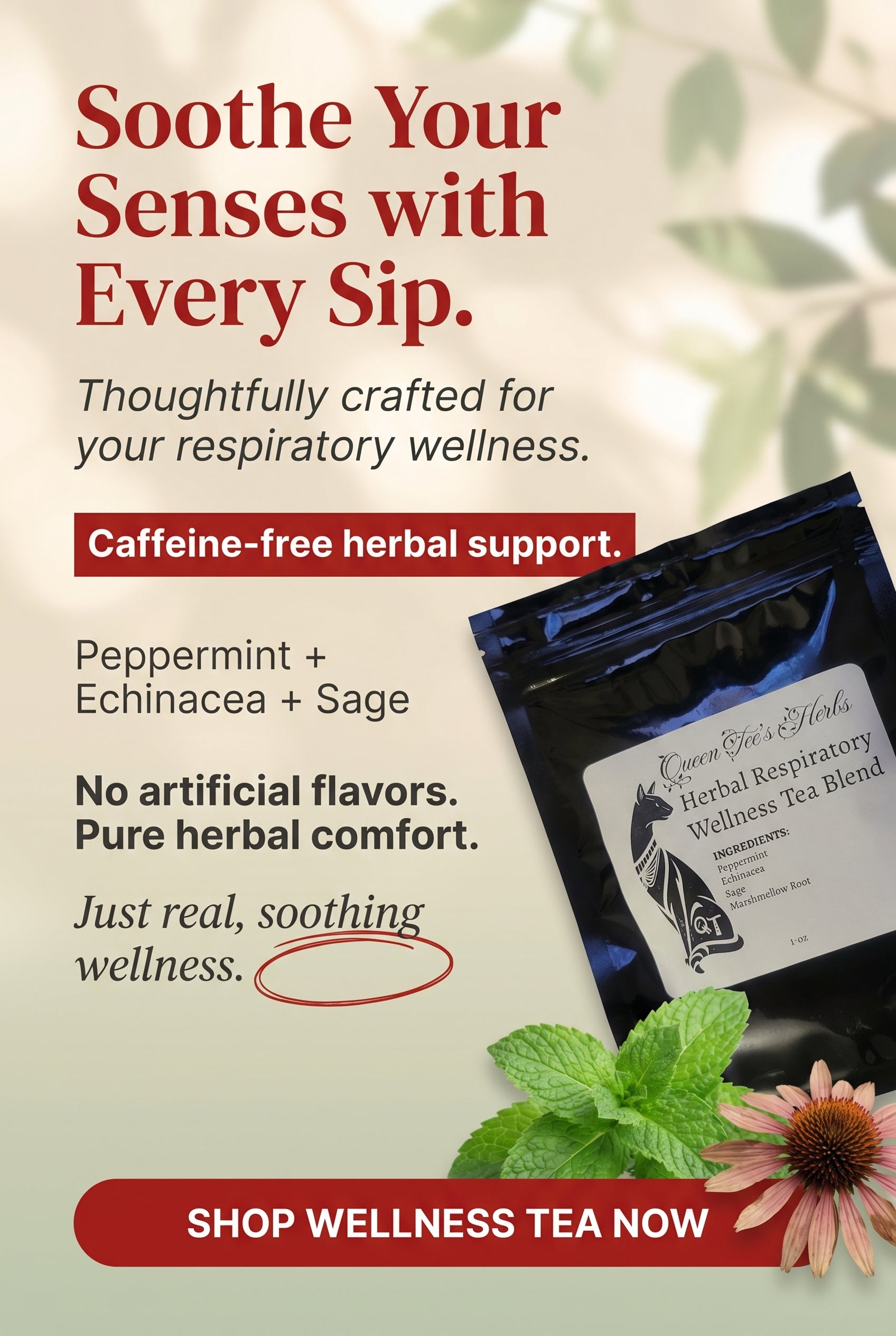 Loose herbal tea blend in a clear jar, Queen Tee's Premium Respiratory Wellness Tea featuring dried herbs and tea leaves.