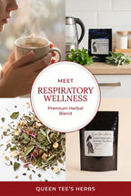 Loose herbal tea blend in a transparent jar labeled Queen Tee's Premium Respiratory Wellness Tea, with dried herbs visible.