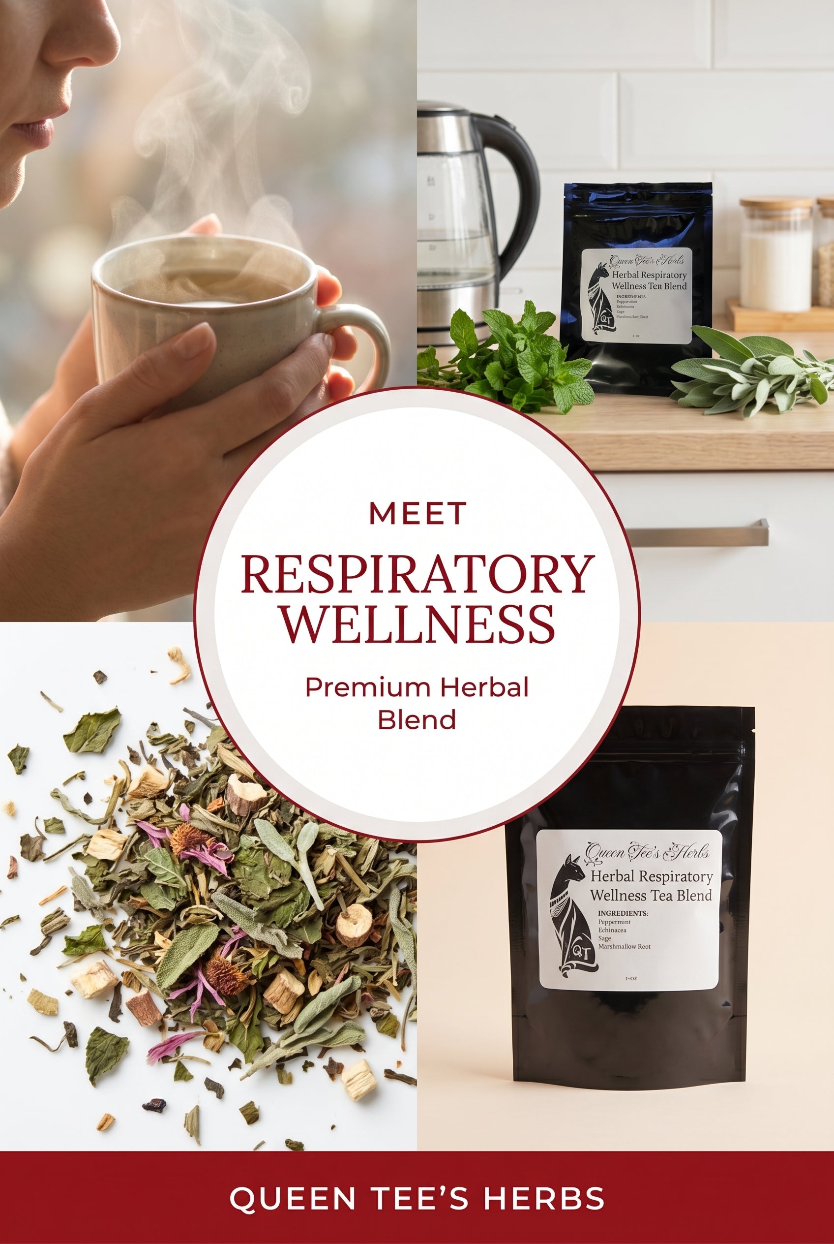 Loose herbal tea blend in a transparent jar labeled Queen Tee's Premium Respiratory Wellness Tea, with dried herbs visible.