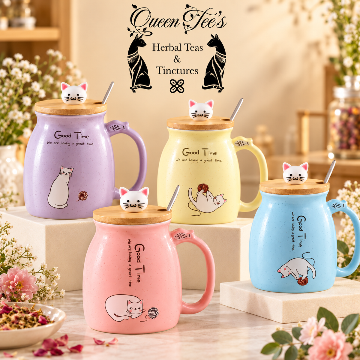 Cat Ceramic Milk Creamer Mug with Lid and Spoon — 380 mL