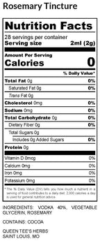 Queen Tee's Herbal Teas and Tinctures Rosemary Extract Tincture bottle with nutrition label visible.