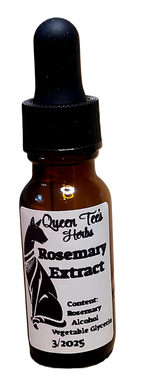 Queen Tee's Premium Rosemary Extract Tincture bottle with dropper and rosemary sprigs on a white background.