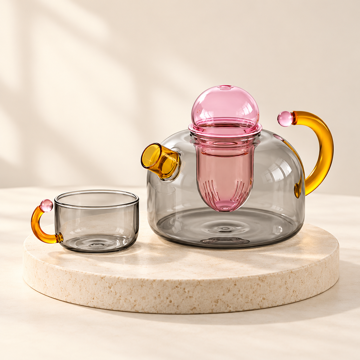 Mignone Heat-Resistant Borosilicate Glass Teapot with Removable Infuser and Cup — Modern Color-Contrast Design