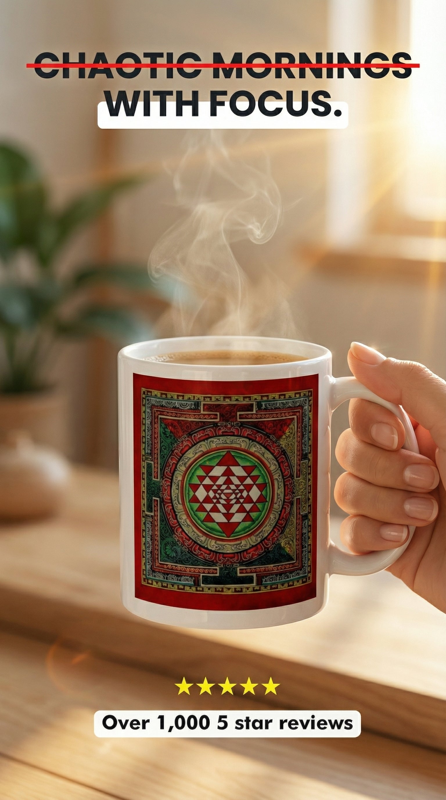White glossy mug with detailed Sri Yantra Mandala design, featuring a decorative accessory by Queen Tee's Herbal Teas and Tinctures.