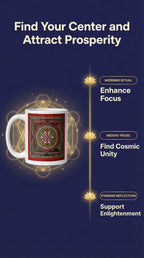 White glossy mug featuring a Sri Yantra Mandala design, an accessory from Queen Tee's Herbal Teas and Tinctures.
