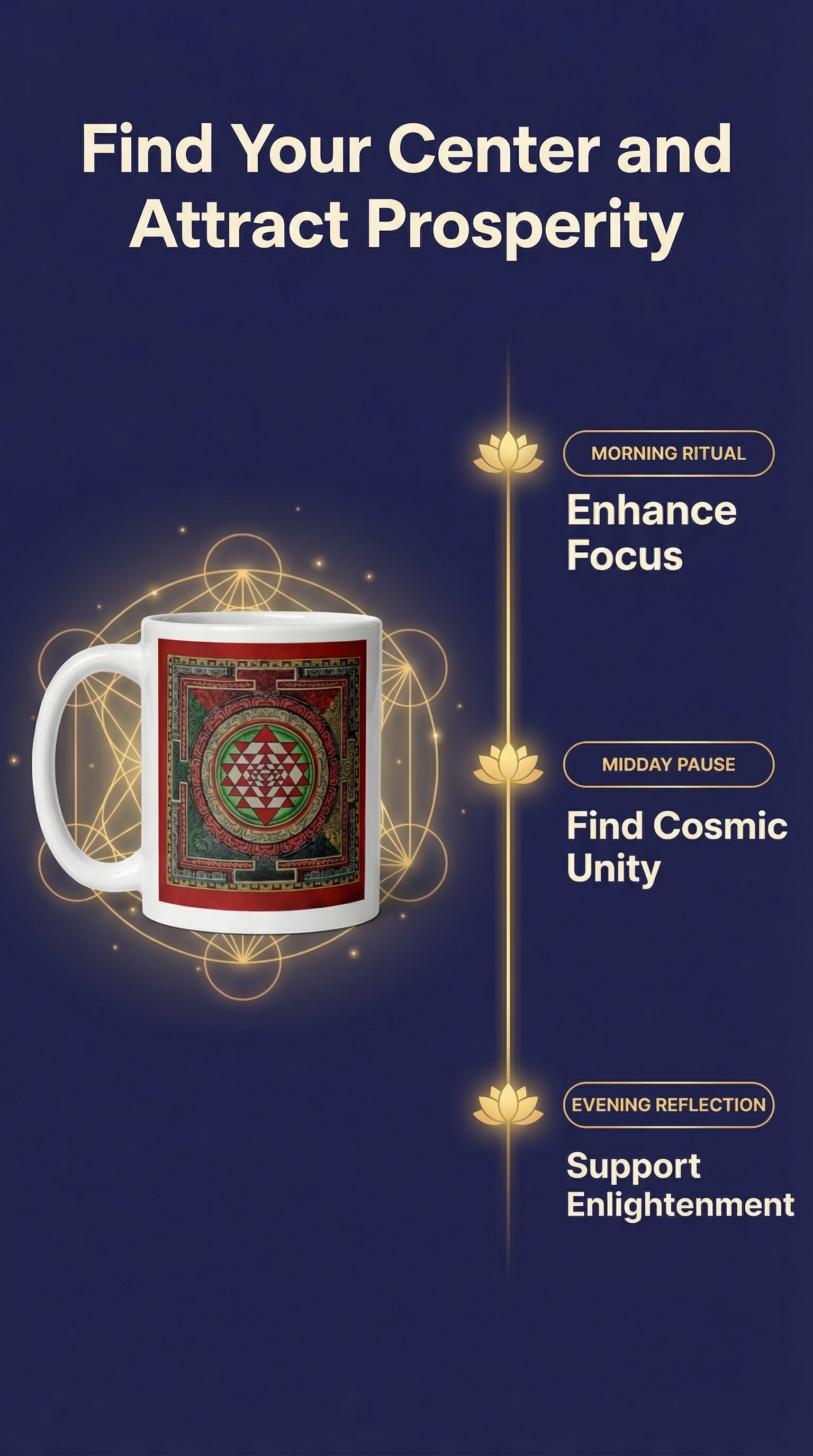 White glossy mug featuring a Sri Yantra Mandala design, an accessory from Queen Tee's Herbal Teas and Tinctures.
