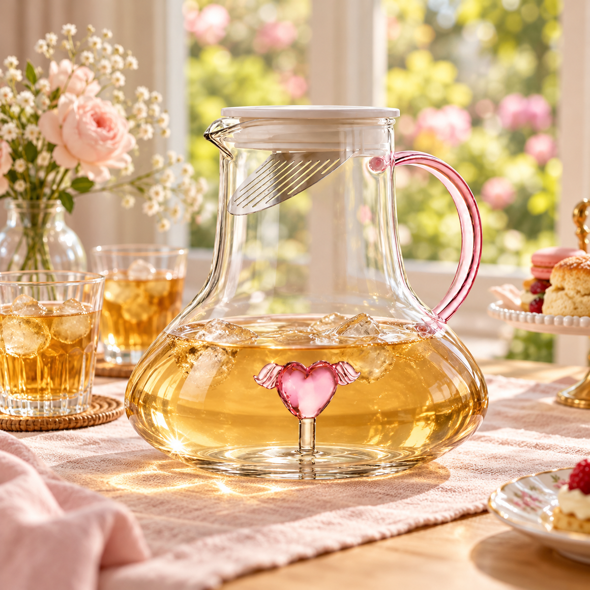 Borosilicate Glass Teapot With Pink Heart Decor Transparent Water Pitcher Filter