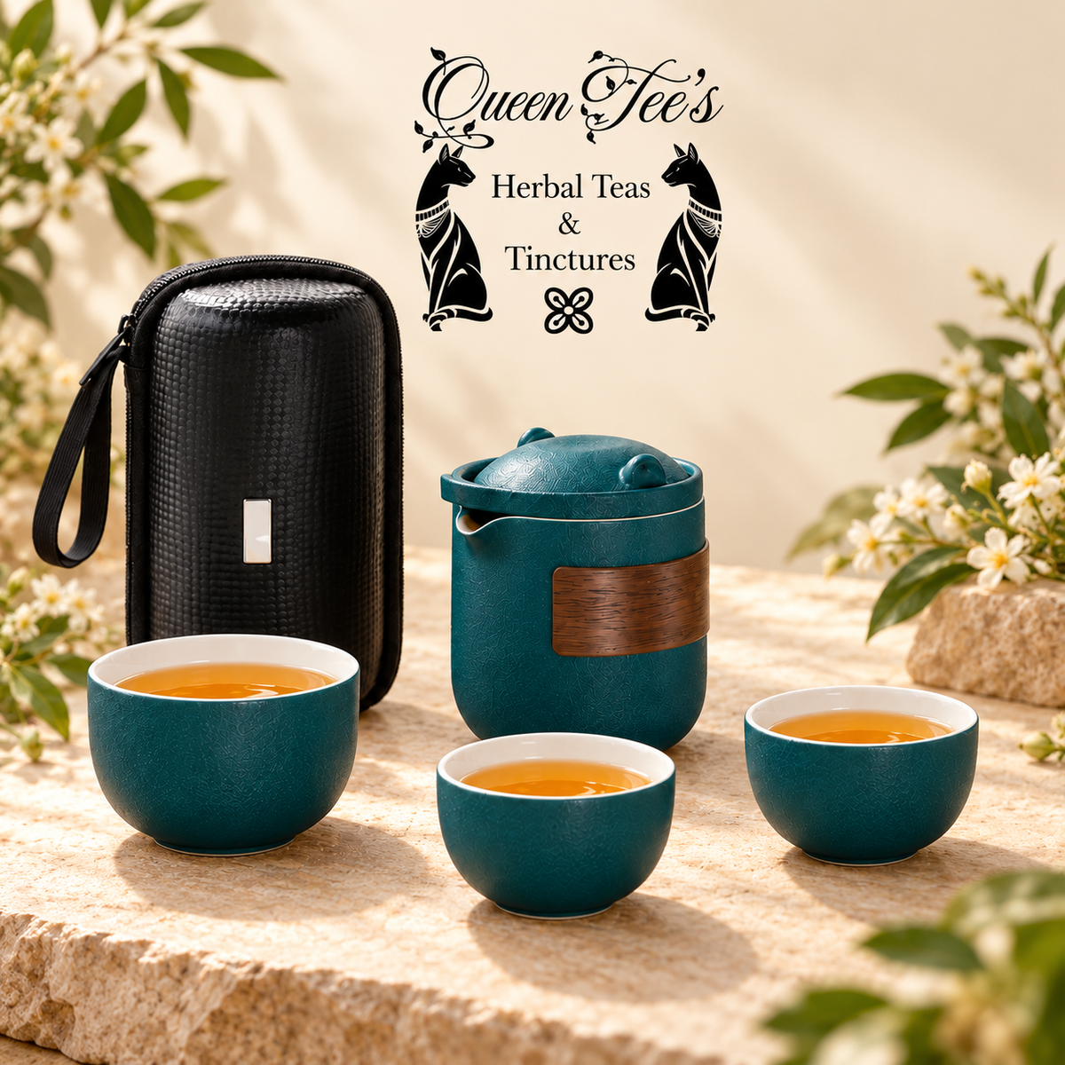 Portable Ceramic Travel Tea Set with 2 Cups, Tea Caddy &amp; Storage Case — Retro Matte