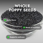 Whole Queen Tee's Premium Poppy Seed for tea, showing small, round, dark poppy seeds in a clear container.