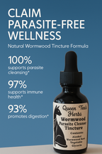 Queen Tee's Wormwood Herbal Parasite Cleanser tincture bottle with label, herbal tincture for parasite detox, natural remedy.