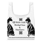 Black Queen Tee's Herbal Teas and Tinctures shopping bag with all-over herbal print, durable fabric, and spacious design.