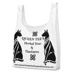 Black Queen Tee's Herbal Teas and Tinctures shopping bag with all-over herbal print, eco-friendly accessory for tea lovers.
