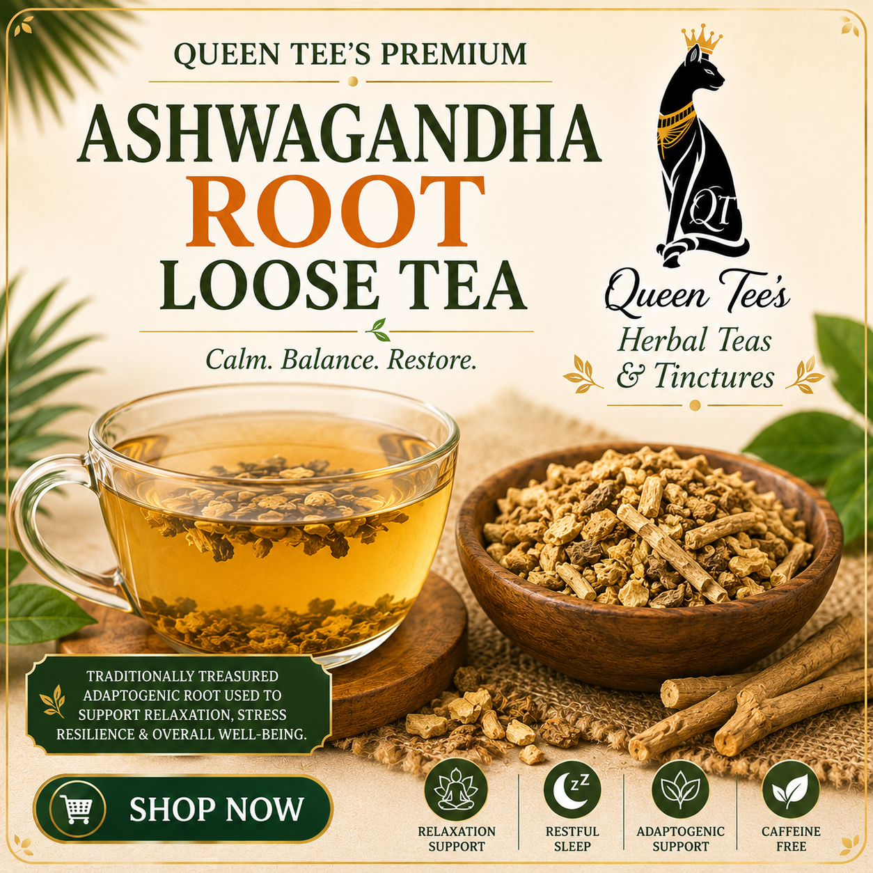 Loose Queen Tee's Herbal Teas Premium Ashwagandha Root in a jar, showing dried root pieces for herbal tea preparation.