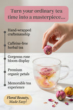 Queen Tee's Organic Dried Rose Blooming Tea Ball, loose herbal tea with blooming rose flowers in natural packaging.