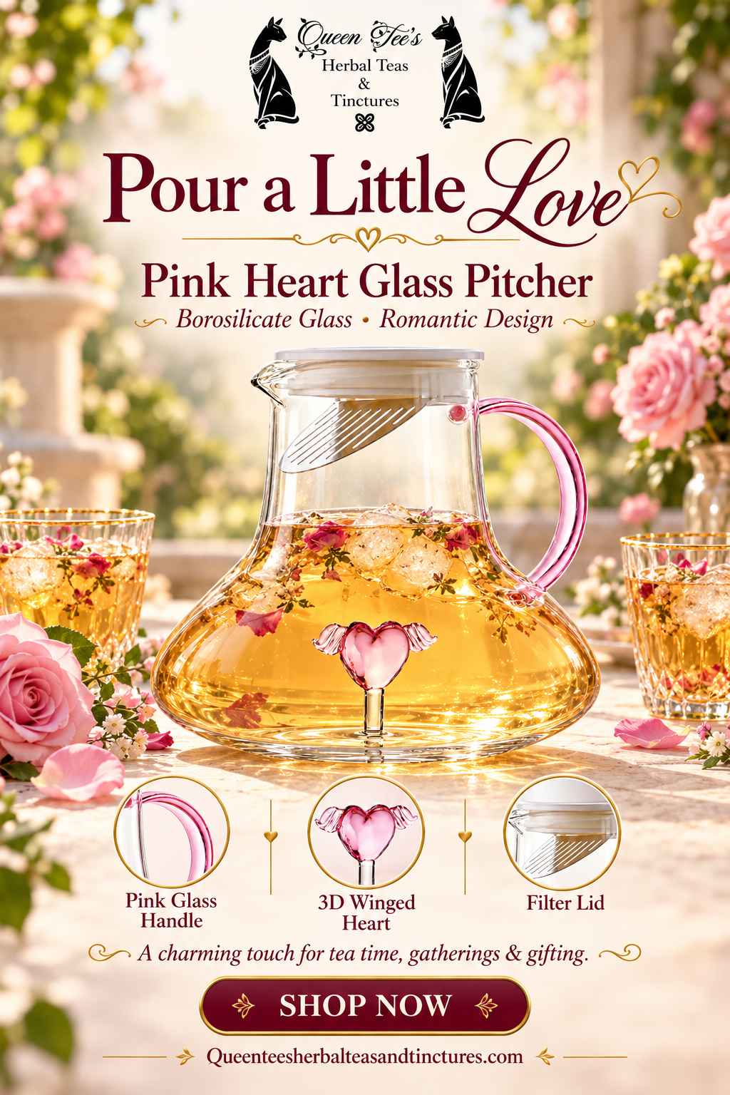 Borosilicate Glass Teapot with a clear bulbous body, pink glass handle, winged heart ornament, and mesh filter lid