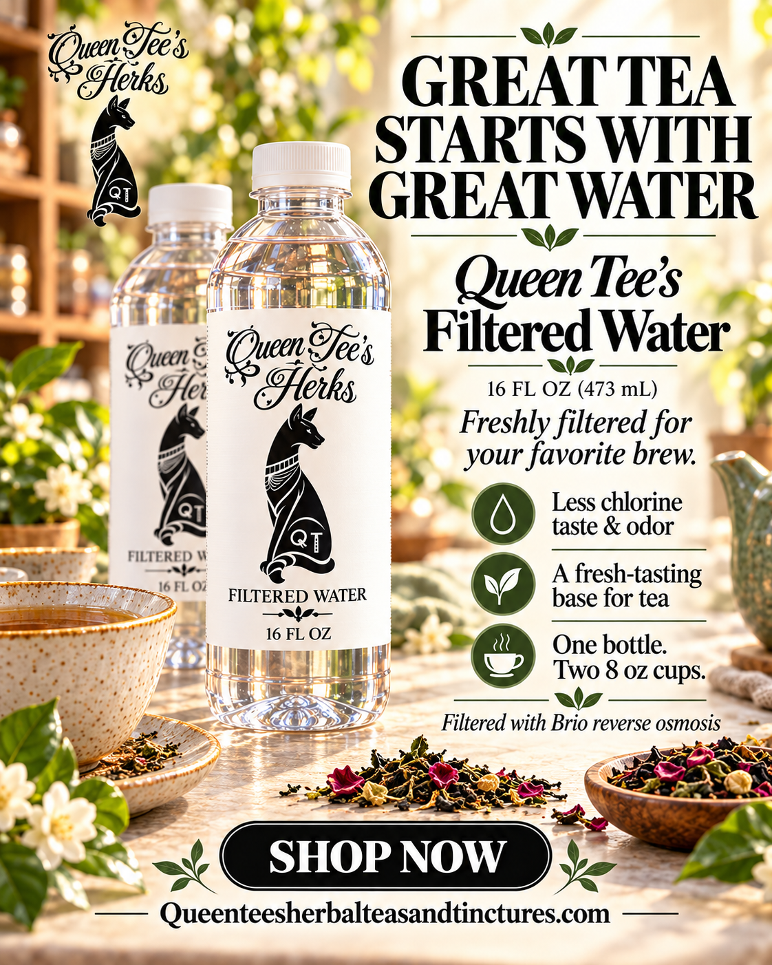 Brio Filtered Water 16oz bottle with a clear body, white Queen Tee’s Herbs label, and black tea-themed graphics