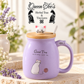 Cat Ceramic Milk Creamer Mug in speckled lavender ceramic, with cat artwork, wooden lid, cat-shaped knob and spoon