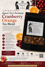 Loose cranberry orange tea blend in a clear glass jar from Queen Tee's Herbal Teas and Tinctures, showcasing vibrant tea leaves and citrus slices.