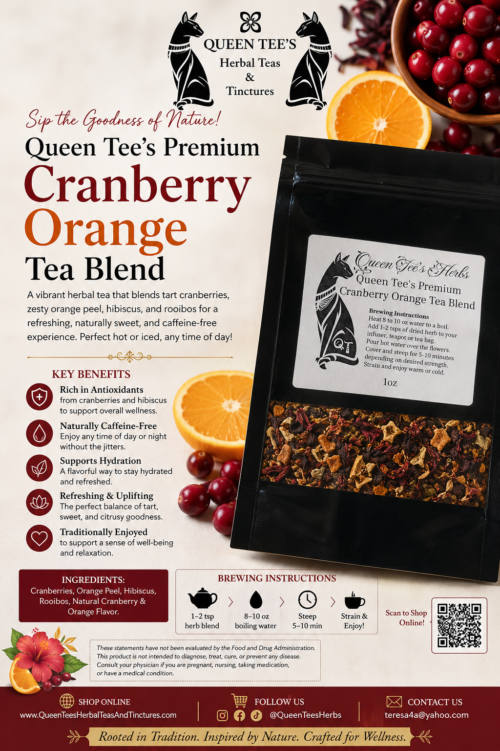 Loose cranberry orange tea blend in a clear glass jar from Queen Tee's Herbal Teas and Tinctures, showcasing vibrant tea leaves and citrus slices.