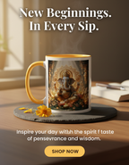 Ganesha mug with yellow interior, featuring intricate design, from Queen Tee's Herbal Teas and Tinctures, on a plain background.