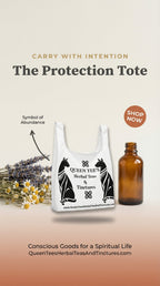 Queen Tee's Herbal Teas and Tinctures shopping bag featuring colorful floral design and eco-friendly fabric for tea lovers.