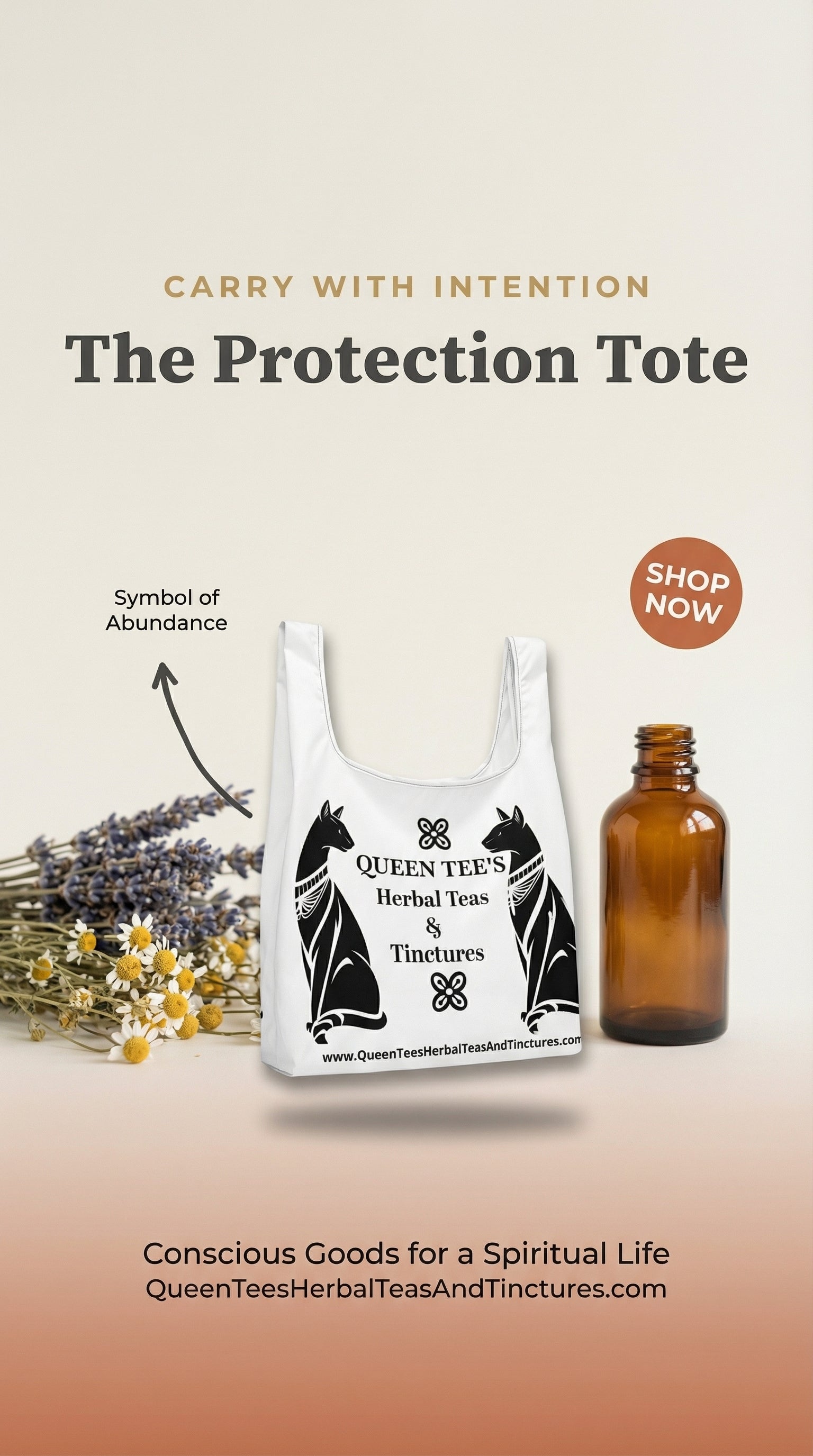 Queen Tee's Herbal Teas and Tinctures shopping bag featuring colorful floral design and eco-friendly fabric for tea lovers.