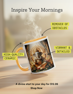 Ganesha-themed mug with yellow interior, herbal tea accessory, artistic design, featuring Lord Ganesha and vibrant yellow inside.