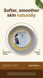 Queen Tee's Premium Whipped African Shea Butter jar showing creamy, whipped texture, natural shea butter product from Queen Tee's Herbal Teas