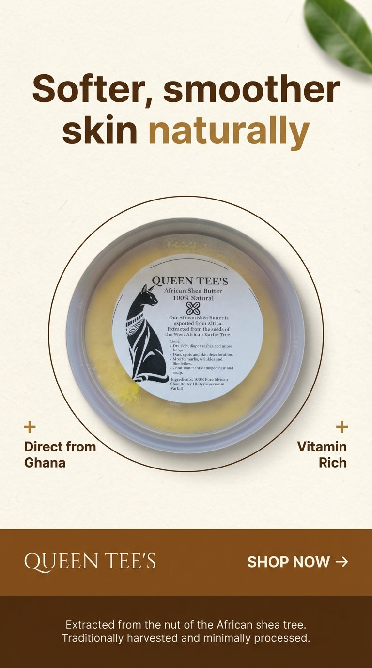 Queen Tee's Premium Whipped African Shea Butter jar showing creamy, whipped texture, natural shea butter product from Queen Tee's Herbal Teas