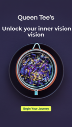 Loose leaf herbal tea blend with dried herbs and flowers in a clear jar, labeled Queen Tee's Premium Third Eye Tea.