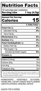 Queen Tee's Premium Catnip Extract Tincture bottle with nutrition label for cats, made from Nepeta cataria.