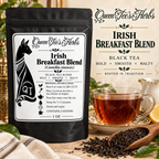 Queen Tee’s Premium Irish Breakfast Blend black tea in cup with loose leaves