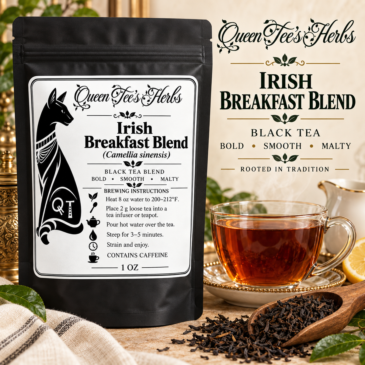 Queen Tee’s Premium Irish Breakfast Blend black tea in cup with loose leaves