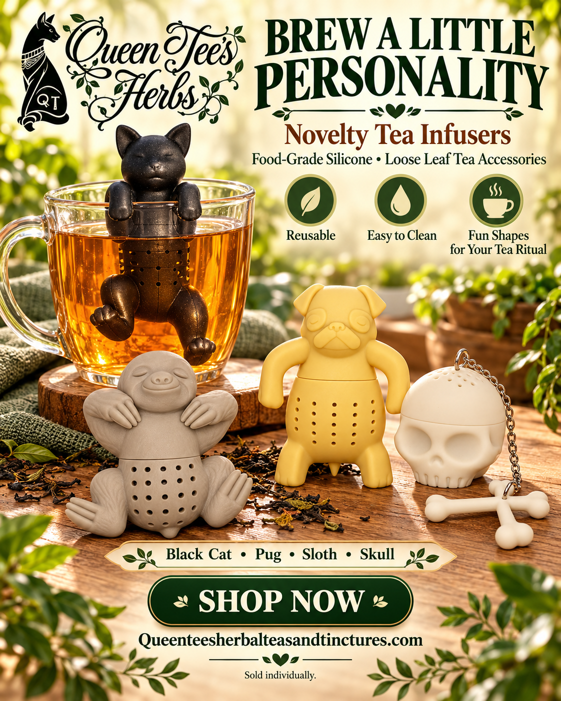 Novelty Shape Tea Infuser shown as reusable animal-shaped silicone strainers, including a black cat, yellow pug and beige sloth