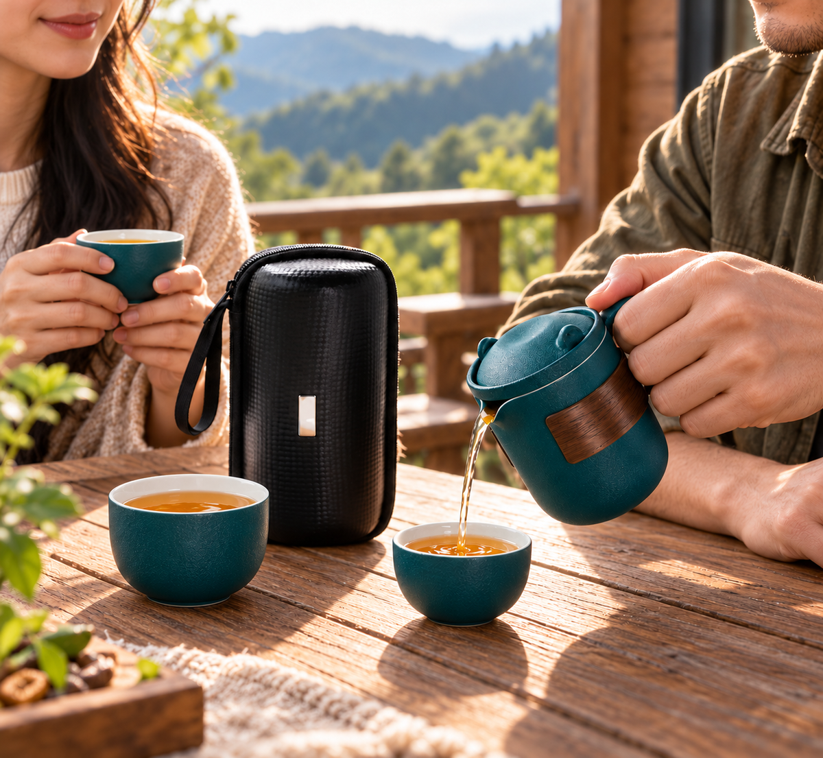 Portable Ceramic Travel Tea Set with teal matte teapot and cups, walnut wood band, and black textured case